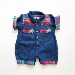 Vintage Pop soda chambray plaid detail romper 3T